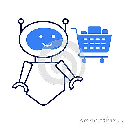 Robot Shopping Trolley Icon Design. Shopping Trolley Robot Icon. Robot Pushing Shopping Trolley Icon. Shopping Trolley with Robot Stock Photo