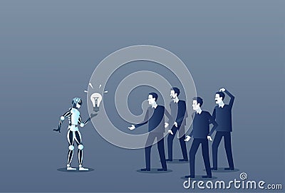 Robot Showing Group Of People Light Bulb Business Concept Modern Artificial Intelligence Vector Illustration