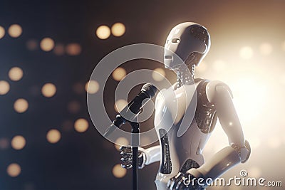 Robot singer performing on a stage with microphone singing popular song. Generative AI Stock Photo