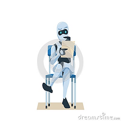 Robot Sit on Chair Hold Resume Wait Job Interview Vector Illustration