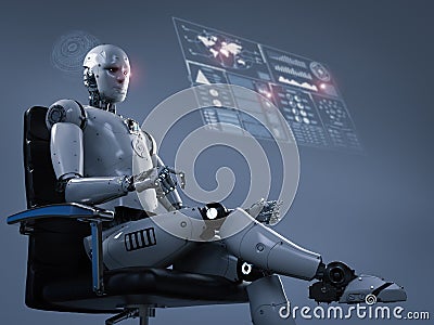 Robot sit on office chair Stock Photo