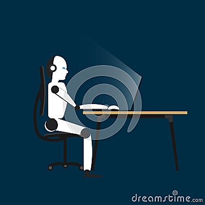Robot sitting at the table. Hard work. Dedline. Innovation. Technonogy. Robot engineer. Internet technology. Flat design. EPS 10 Stock Photo