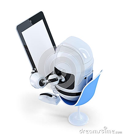 Robot sitting with a Tablet Computer. Isolated. Contains clipping path of entire scene and tablet screen Stock Photo