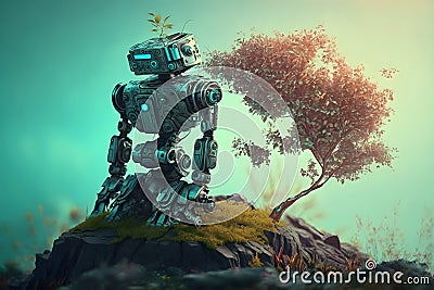 The robot is sitting with a tree sprout. the concept of reviving the earth's natural resources Stock Photo