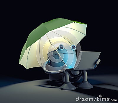 The robot sitting under umbrella and looks at the screen of the laptop Cartoon Illustration