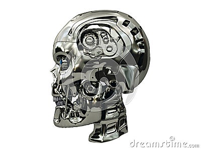 Robot skull with metallic surface and blue glowing eyes on side view Stock Photo