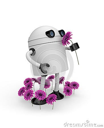 Robot sniffing flower Stock Photo