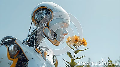 A robot sniffing a flower. The image of a robot sniffing a flower encapsulates the concept that, in the future, robots may Stock Photo