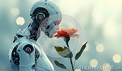 A robot sniffing a flower. The image of a robot sniffing a flower encapsulates the concept that, in the future, robots may Stock Photo