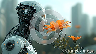A robot sniffing a flower. The image of a robot sniffing a flower encapsulates the concept that, in the future, robots may Stock Photo