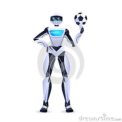 robot soccer player holding ball modern robotic character artificial intelligence technology concept Vector Illustration