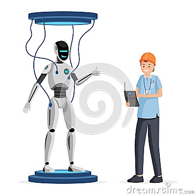 Robot software testing flat vector illustration. Cheerful engineer in helmet holding electronic device cartoon character Vector Illustration