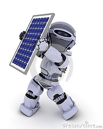 Robot with solar panel Stock Photo