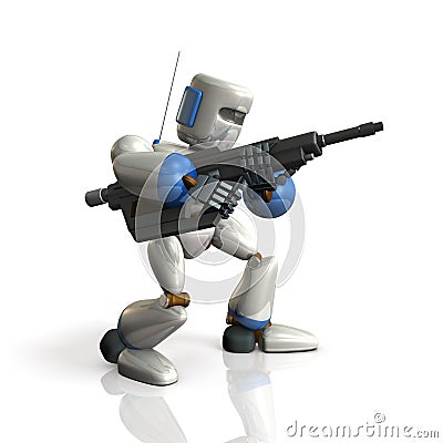 Robot Soldier sets up a rifle. Stock Photo