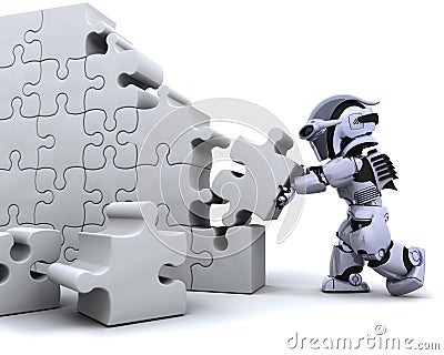 Robot solving jigsaw puzzle Stock Photo