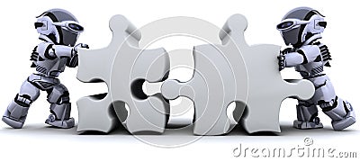 Robot solving jigsaw puzzle Stock Photo