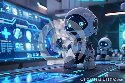 Robot solving problem on holographic digital interface screen in factory. Stock Photo