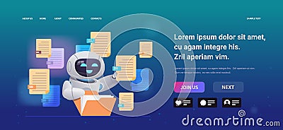 robot sorting documents robotic character organizing folder file management paperwork data archive artificial Vector Illustration