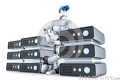 Robot with a stack of servers, hosting concept. Isolated. Contains clipping path Stock Photo