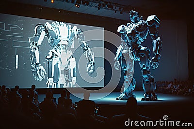 Robot on stage in a huge hall with spectators with a projection screen.Photorealistic shot generated by AI Stock Photo