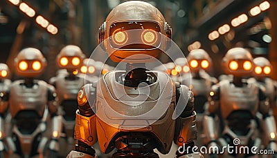 A robot is standing in front of a group of robots by AI generated image Stock Photo