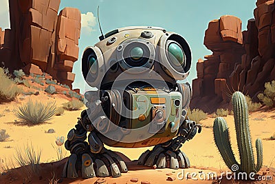 Robot standing in the middle of desert. Generative AI Stock Photo