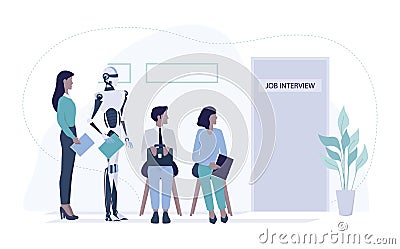 Robot standing in queue with candidate for a job interview Vector Illustration