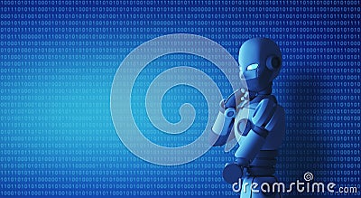 Robot standing and thinking in control room with a binary code Cartoon Illustration