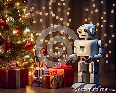 robot stands near a Christmas tree. Cartoon Illustration