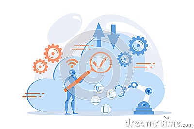 Robot studying cloud technology through magnifier. Artificial intelligence, machine learning, cloud computing, robot thinking Vector Illustration