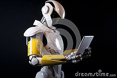 Robot studying information on a tablet on a black background. Stock Photo