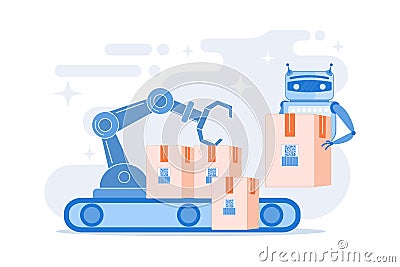 Robot substituting human working with boxes on conveyor belt and robotic arm. Labor substitution, man versus robot, robotics labor Vector Illustration
