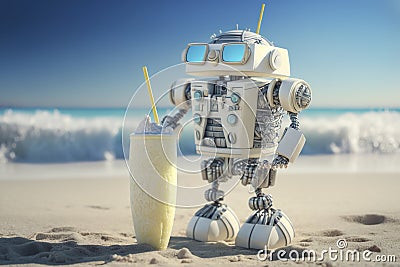 A robot in sunglasses is resting on the coast of the ocean. Generative AI Art Stock Photo