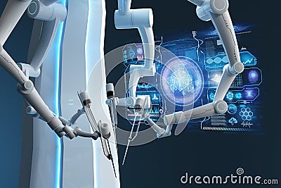 Robot surgeon, robotic equipment. Minimally invasive surgical innovation with three-dimensional overview. technology, the future Cartoon Illustration