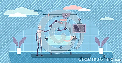 Robot surgeon system in operation room, flat tiny person illustration Vector Illustration