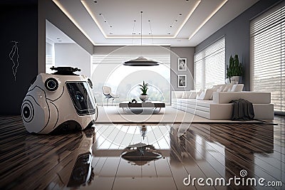 robot sweeping the floor in futuristic and high-tech living room Stock Photo