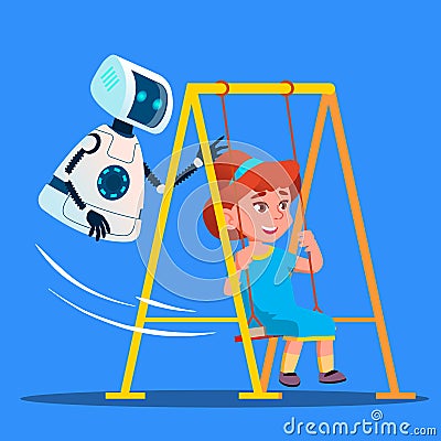 Robot Swinging Little Girl On Swing On Playground Vector. Isolated Illustration Vector Illustration