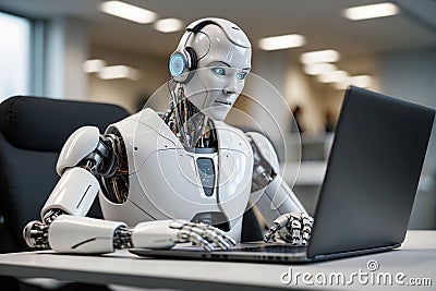 A robot, a symbol of artificial intelligence, is studying on a laptop in the office. Automation, data analytics Stock Photo