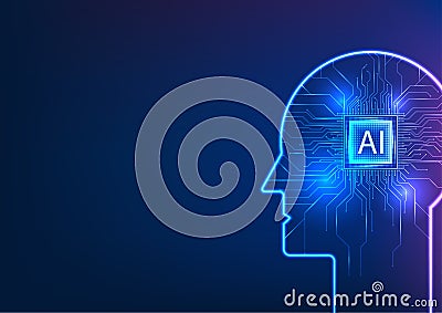 Robot synergy of AI technology. Inside, an artificial intelligence microchip is intricately connected by a circuit board, Vector Illustration