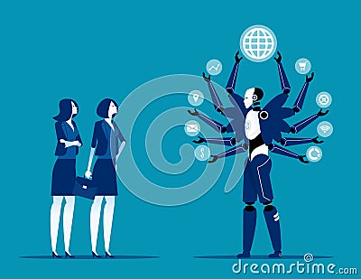 Robot taking over human jobs in future. Replace humans working concept. Flat cartoon vector illustration style Vector Illustration