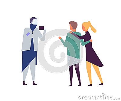 Robot taking photo of couple flat vector illustration. Artificial intelligence in daily life. AI friend photographing Vector Illustration