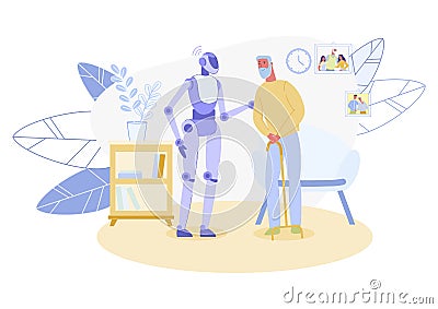 Robot, Talking to Senior Gentleman in Its Care Vector Illustration