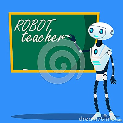 Robot Teacher Writes On Blackboard Vector. Isolated Illustration Vector Illustration