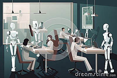 Robot team working in the office. Artificial intelligence concept illustration, Robots replacing humans in the office, AI Cartoon Illustration