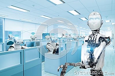 Robot team working in the office, Future technology concept Stock Photo