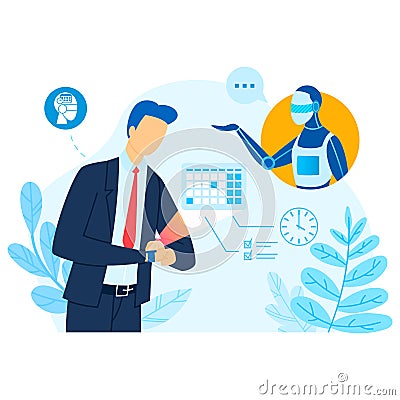 Robot technology help businessman, flat man character use modern artificial intelligence concept, vector illustration Vector Illustration