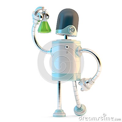 Robot with test flask. Technology research concept. 3D illustration. Isolated Cartoon Illustration