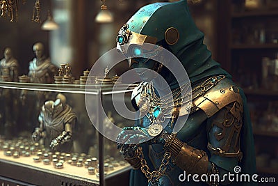 robot thief, broken into jewelry store and stealing precious gems Stock Photo