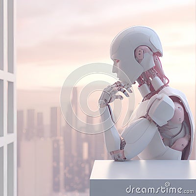 Robot thinking technology science on building background abstract. Cute 3d rendering of android. Futuristic cyborg face, Stock Photo