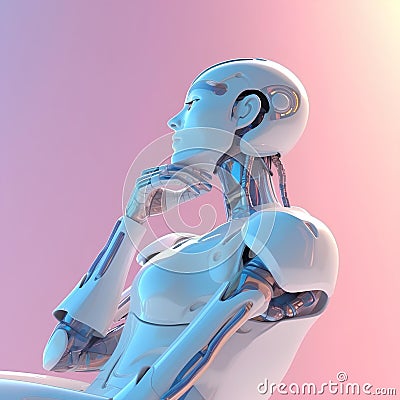Robot thinking technology science on minimalism pastel background abstract. 3d rendering of android. Futuristic cyborg face, Stock Photo